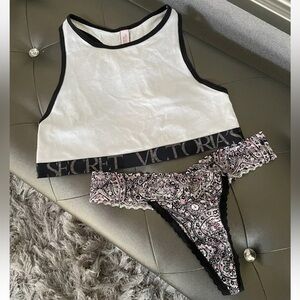 Victoria Secret White Bra Top & Lace Thong Sparkle Matching Logo Set